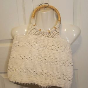 Crochet Purse With Round Wooden Bamboo Handles Lined Vintage